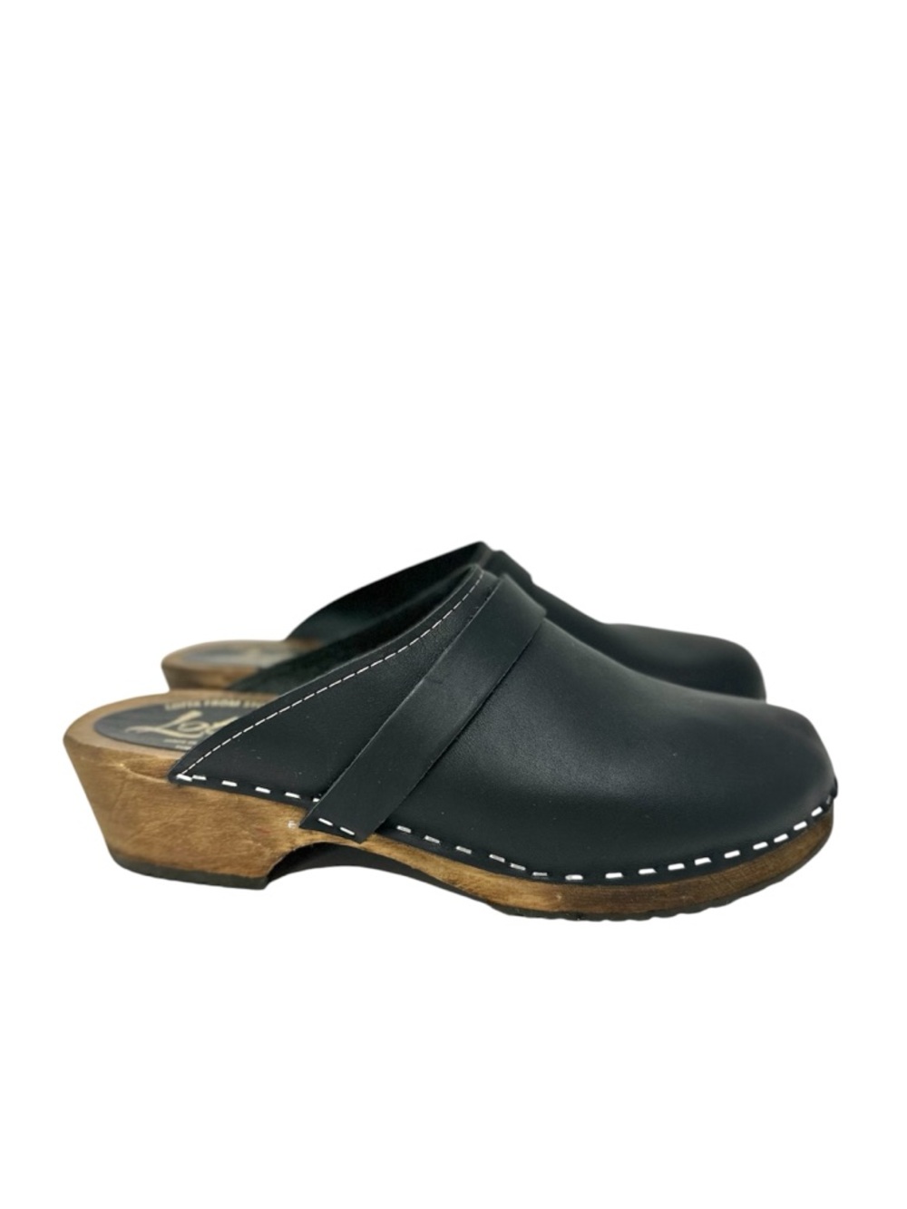 Lotta From Stockholm Black Leather Clog Mules Size Euro 39 US 8.5 Wood Sole